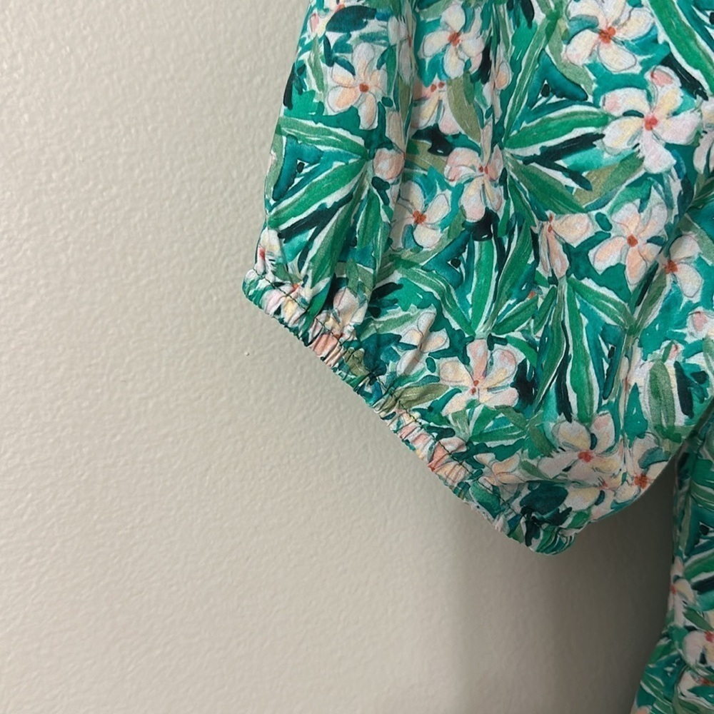 Jade Womens Green Floral Print Puff Sleeve Linen Blend Top Sz Small Preppy Chic - Picture 5 of 7